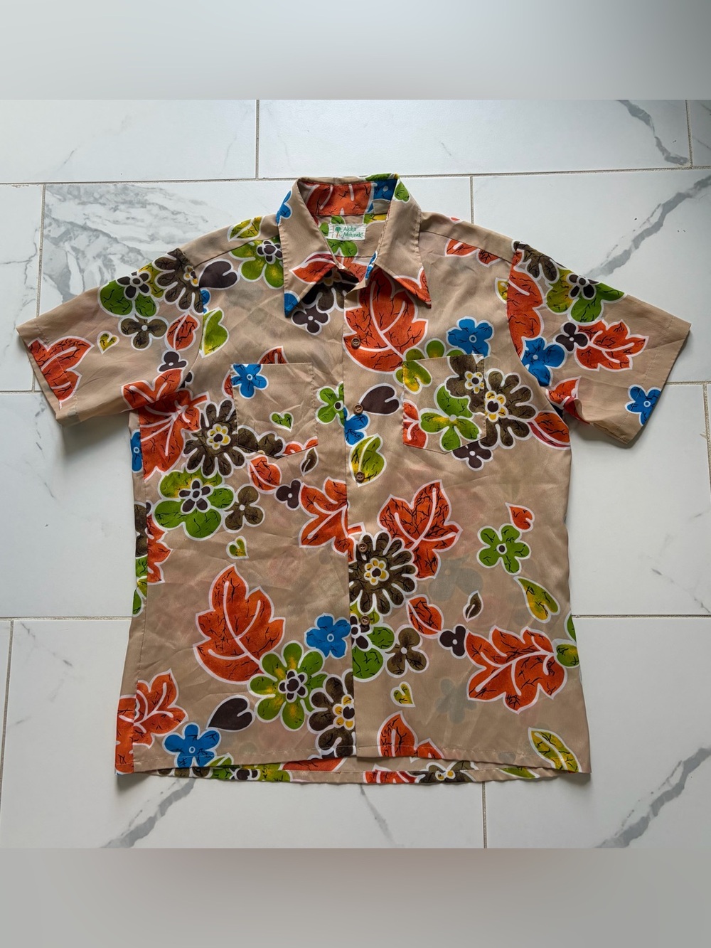 Vintage 1970s 70s Aloha Mohawk Hawaiian Floral Shirt Size XL Tan Orange Blue